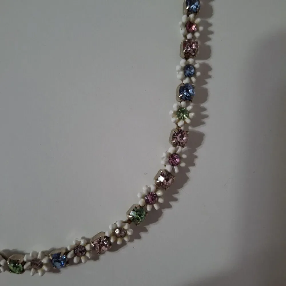 White Pink Blue Rhinestone Silver Tone Flower Floral Rhinestone Choker Necklace